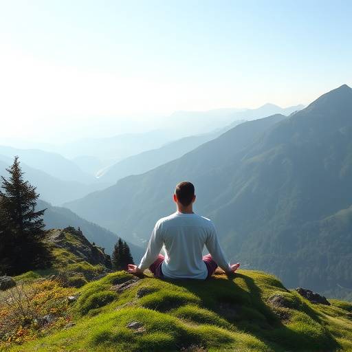 A peaceful mountain landscape with a person meditating, representing mental clarity and serenity.