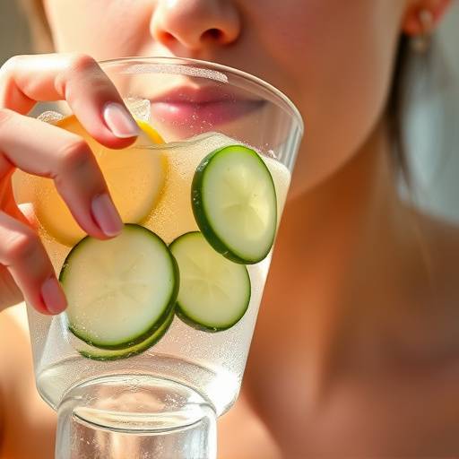 A person drinking a glass of water with slices of lemon and cucumber, emphasizing the importance of hydration