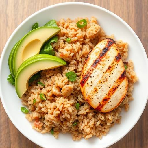 A plate showcasing lean protein (grilled chicken), complex carbohydrates (brown rice), and healthy fats (avocado slices)