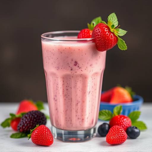 A refreshing berry smoothie in a glass, garnished with fresh berries