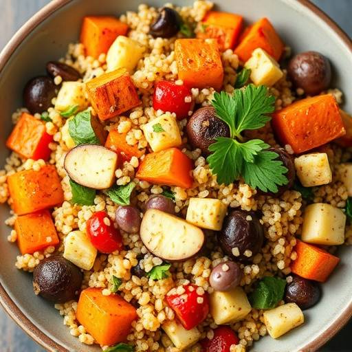 A vibrant bowl of quinoa salad with colorful roasted vegetables and fresh parsley