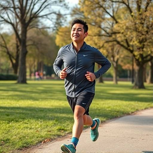 Photo of David Chen, a man in his 40s jogging in a park, looking energized.