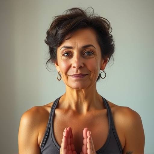 Photo of Maria Rodriguez, a woman in her 50s practicing yoga with a peaceful expression.